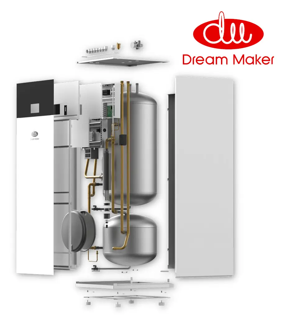 Abgebildet ist ein zerlegter Wärmepumpen-Integral-Kombispeicher von Dream Maker, inklusive interner Komponenten und Montageplatten, in einem schematischen Layout.